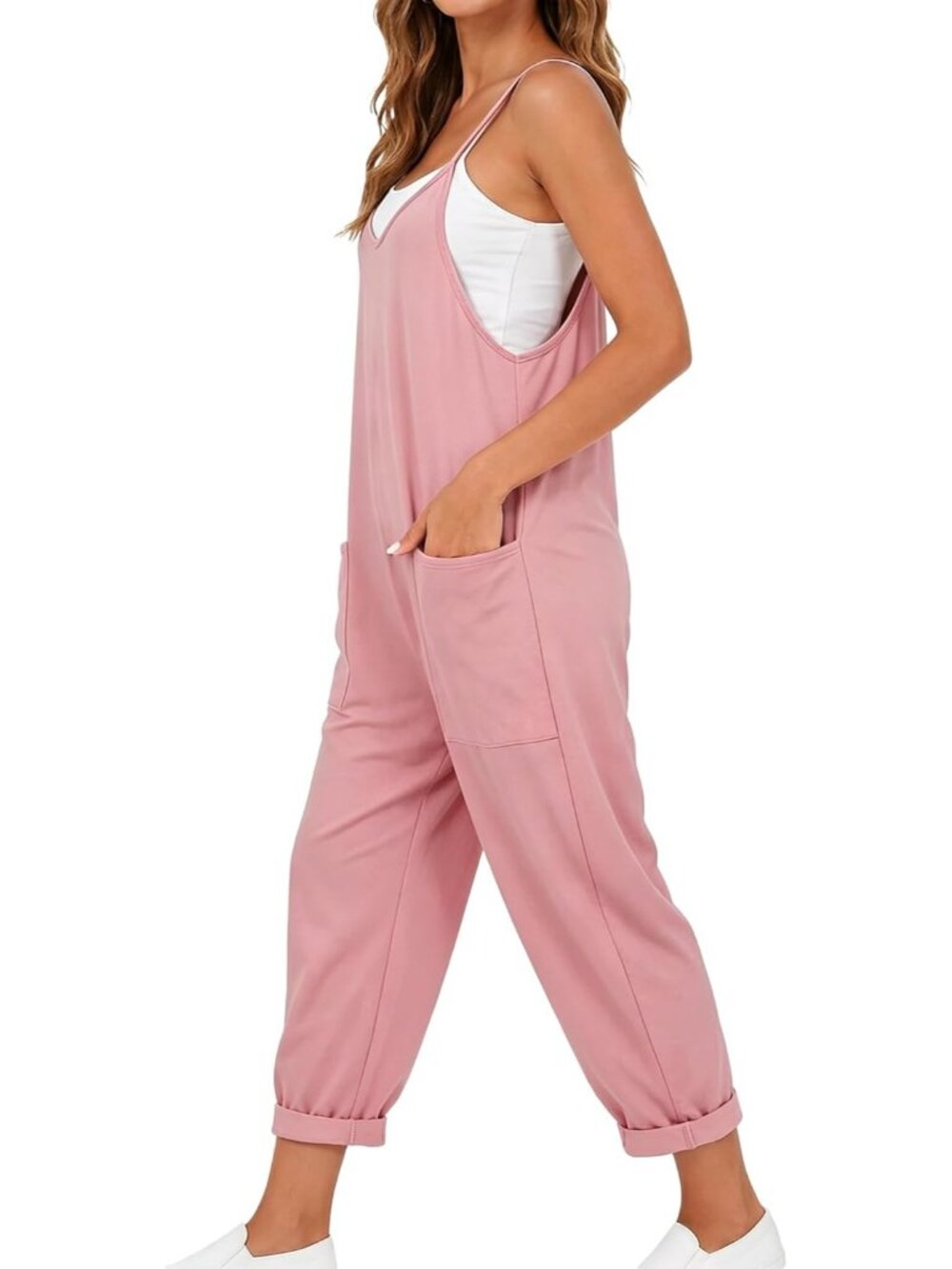 Women's Pink Summer V Neck Sleeveless Adjustable Straps With 2 Pockets Rompers - Picture 2 of 6